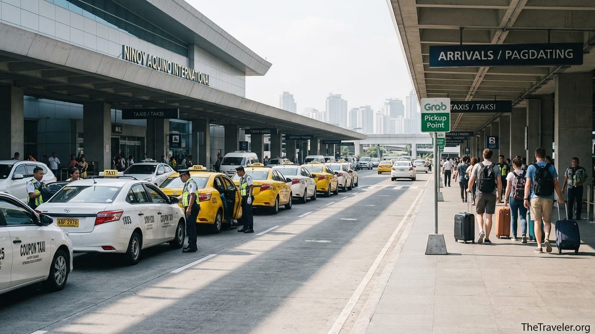 Taxi and Grab pickup area outside Manila NAIA terminal with travelers heading to Makati
