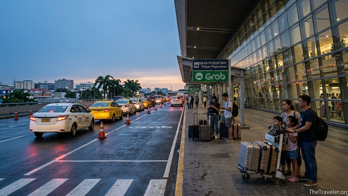 Arrivals curb at Manila NAIA Terminal 3 with yellow taxis and Grab pickup area at dusk.