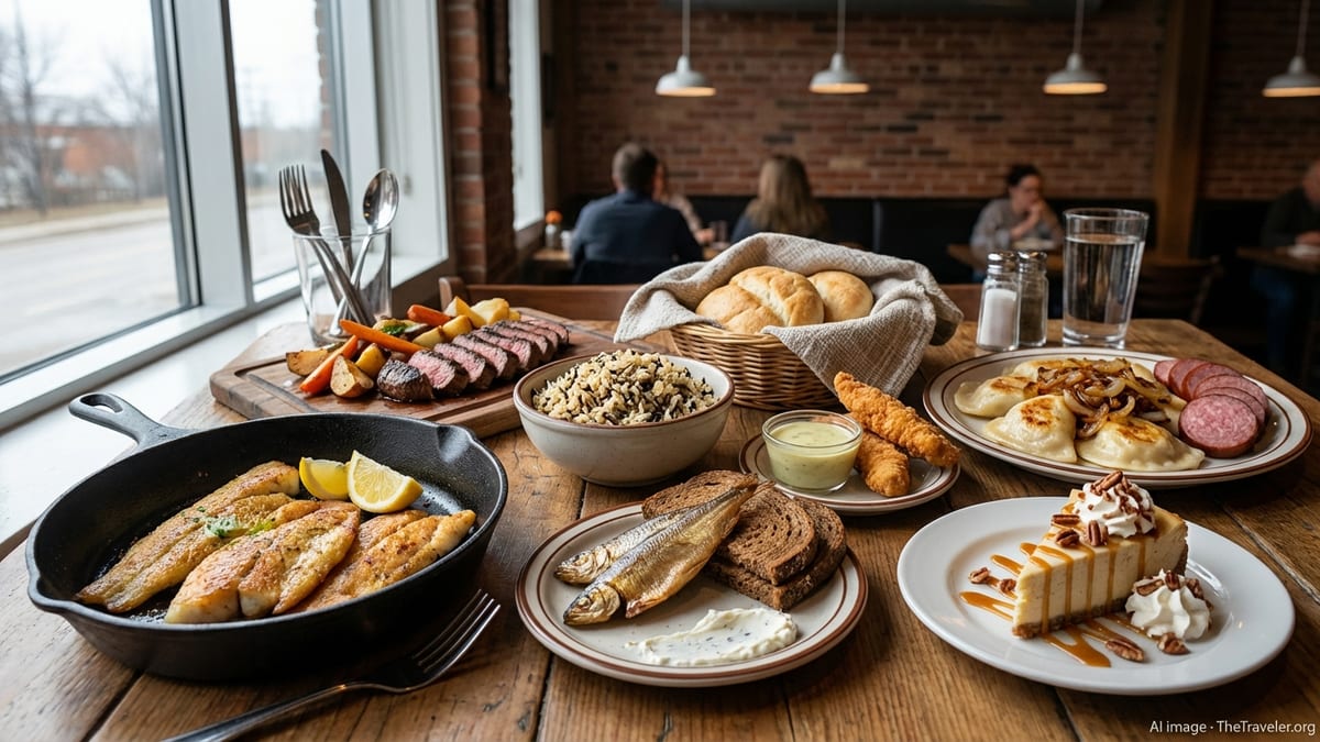 Table in a Winnipeg restaurant topped with pickerel, bison, bannock, perogies and schmoo torte.
