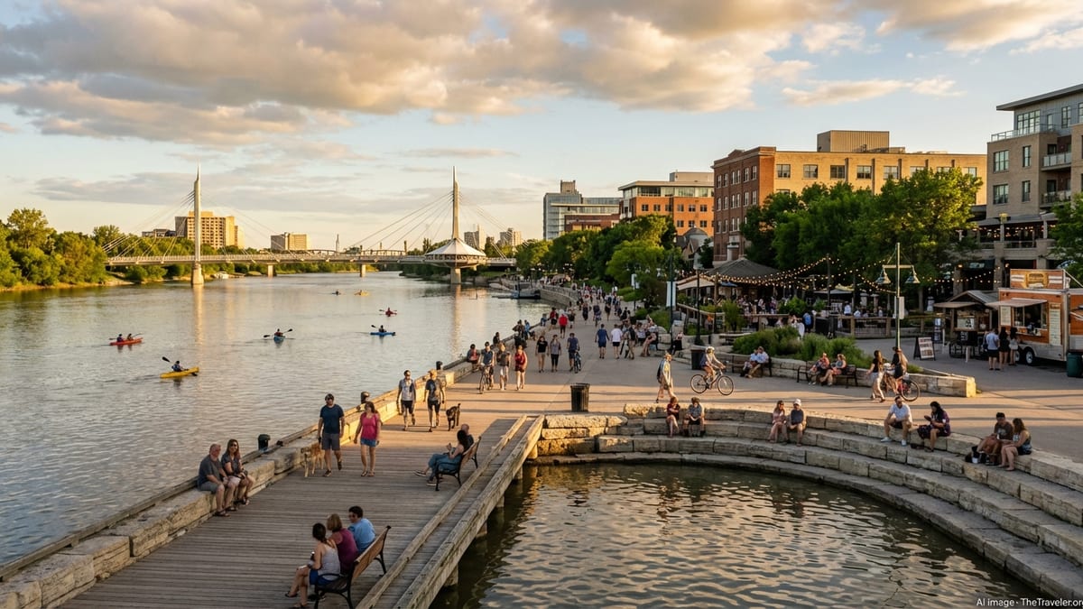 Summer evening at Winnipeg riverfront with people walking and the Esplanade Riel bridge in view.