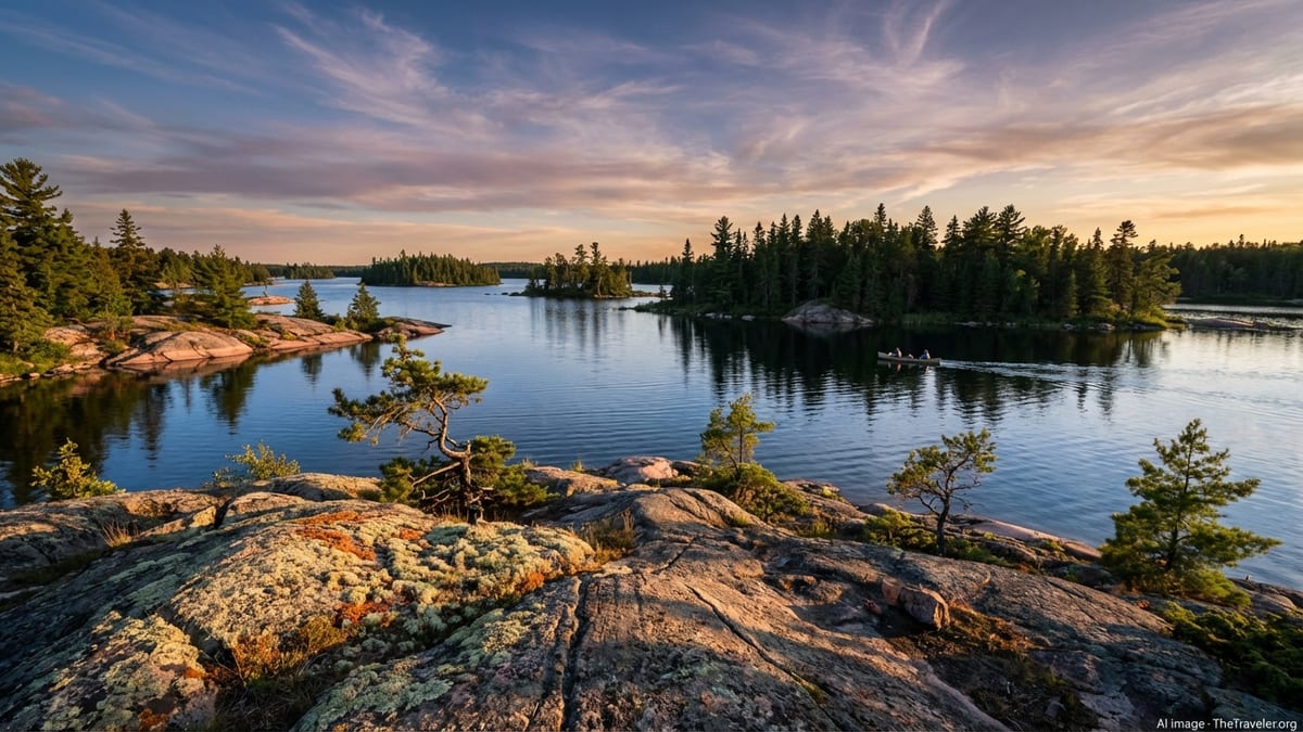 Granite shore and spruce islands on a calm Manitoba lake at golden hour
