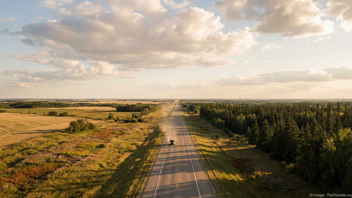 A long Manitoba highway stretching across prairie and forest under a vast evening sky.