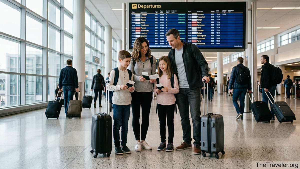 Family with suitcases reviewing documents in a busy international airport departures hall.