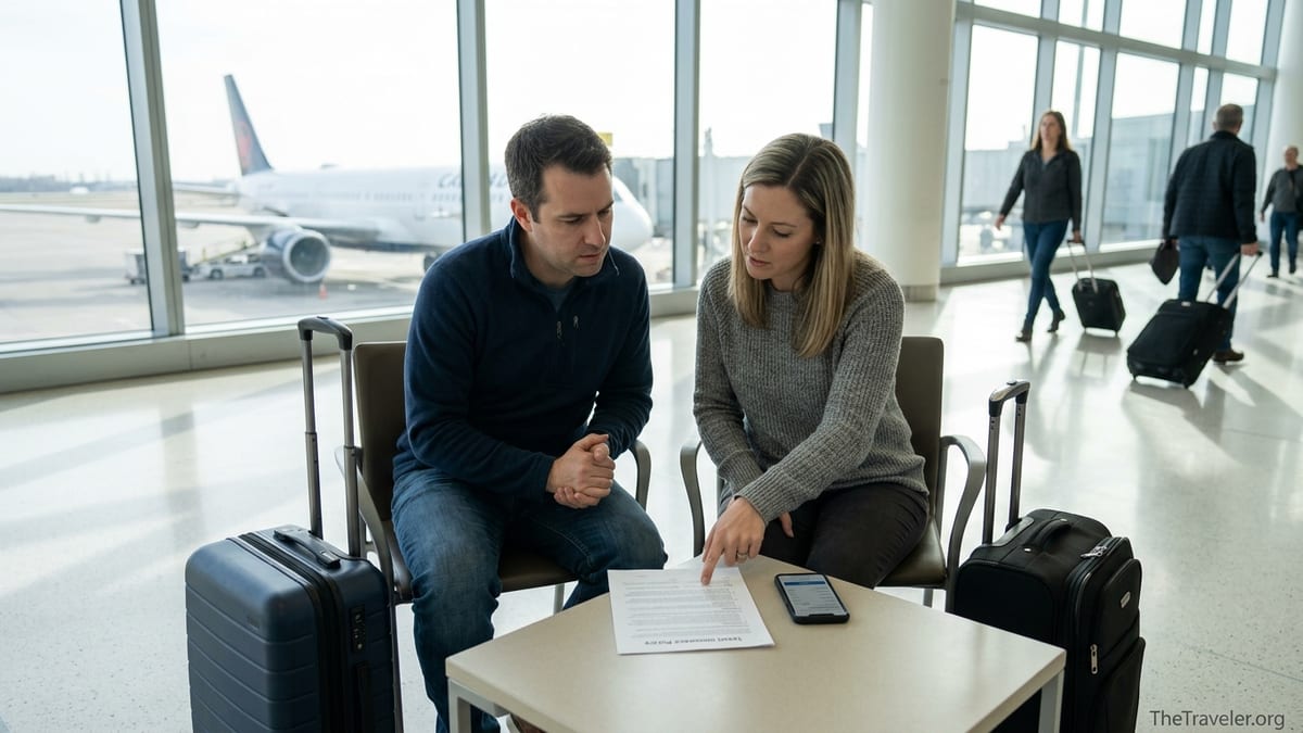 Couple reviewing travel insurance documents at an airport gate before boarding.