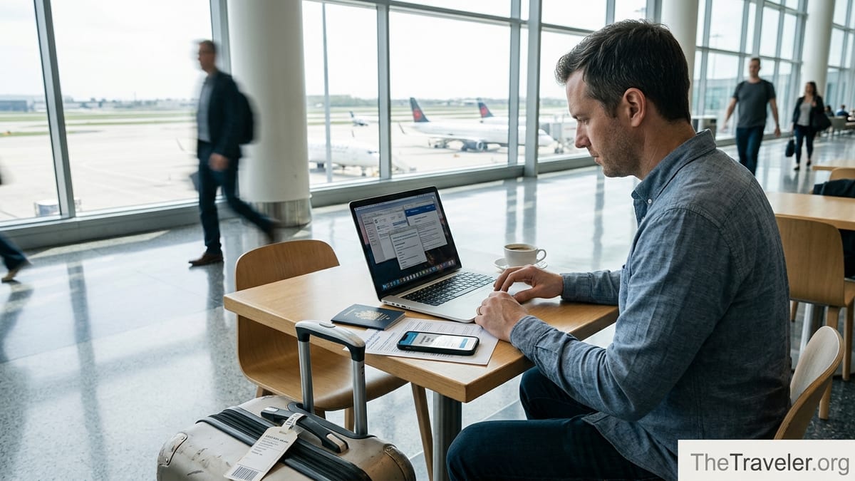 Traveler in an airport lounge comparing printed travel insurance documents on a laptop.