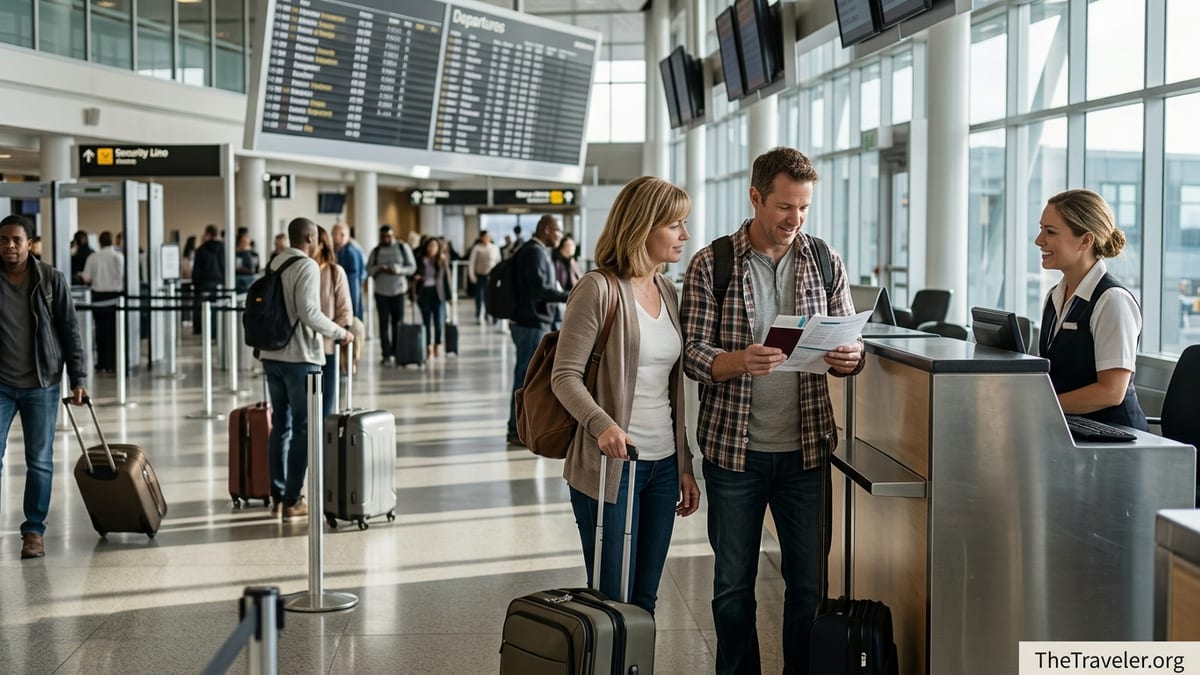 Couple reviewing travel insurance documents with an agent at a busy airport check-in area.