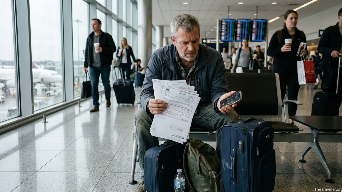Worried traveler in an airport lounge holding medical bills and insurance papers.