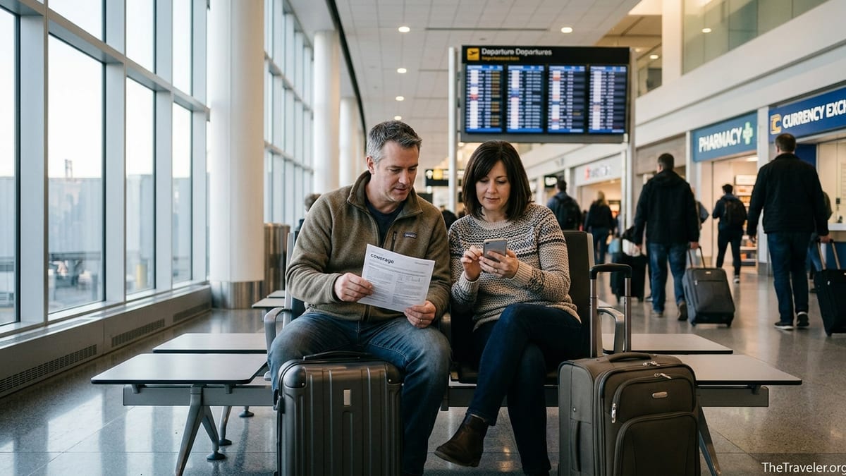 Canadian travellers at an airport gate reviewing travel insurance papers before departure.