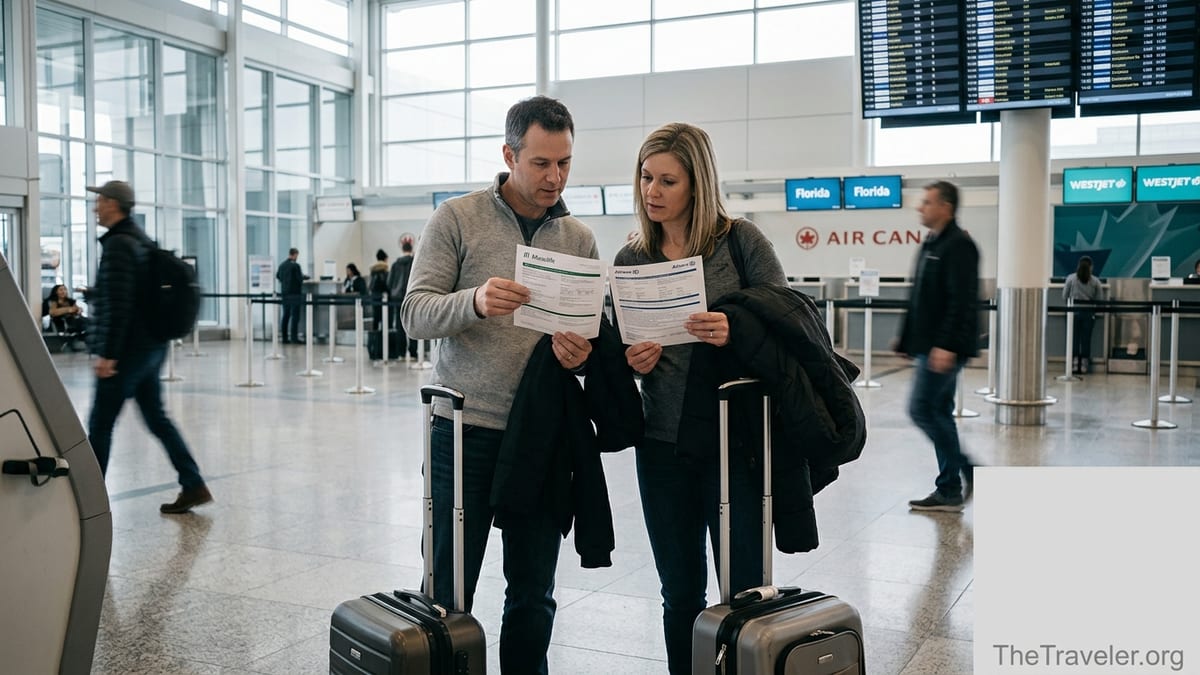 Canadian travellers at an airport kiosk comparing Manulife and Allianz travel insurance documents.