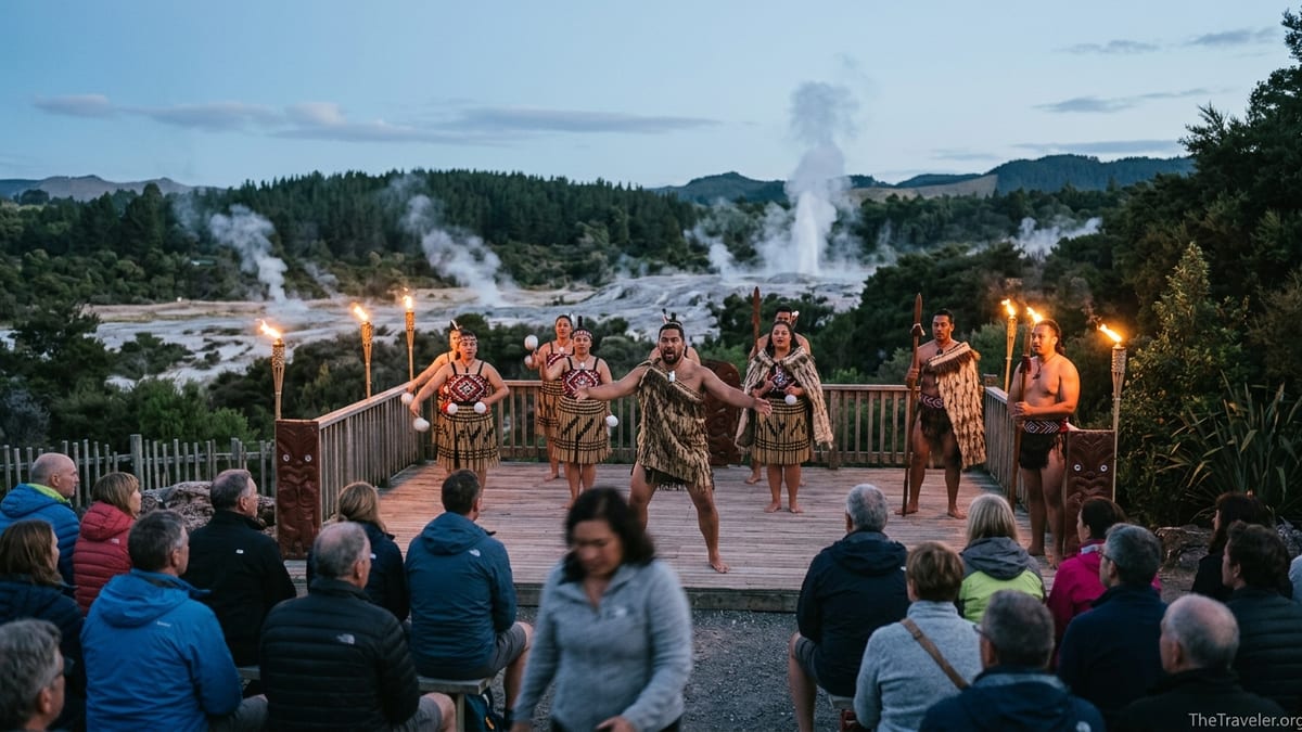 Māori performers present a haka at dusk beside steaming geothermal pools in Rotorua.
