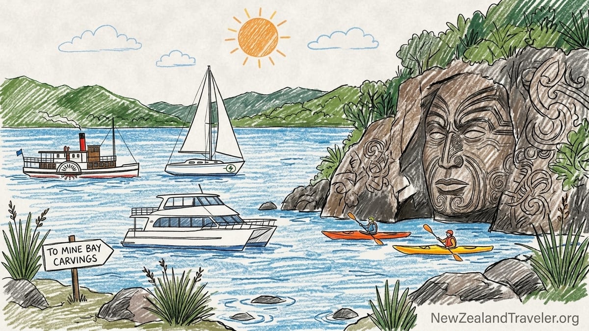 Tour boats viewing the Ngātoroirangi Māori Rock Carvings at Mine Bay on Lake Taupō in calm summer light.