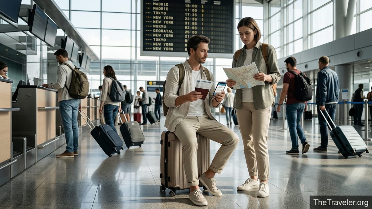 Travelers review insurance documents in a bright airport terminal before an international flight.