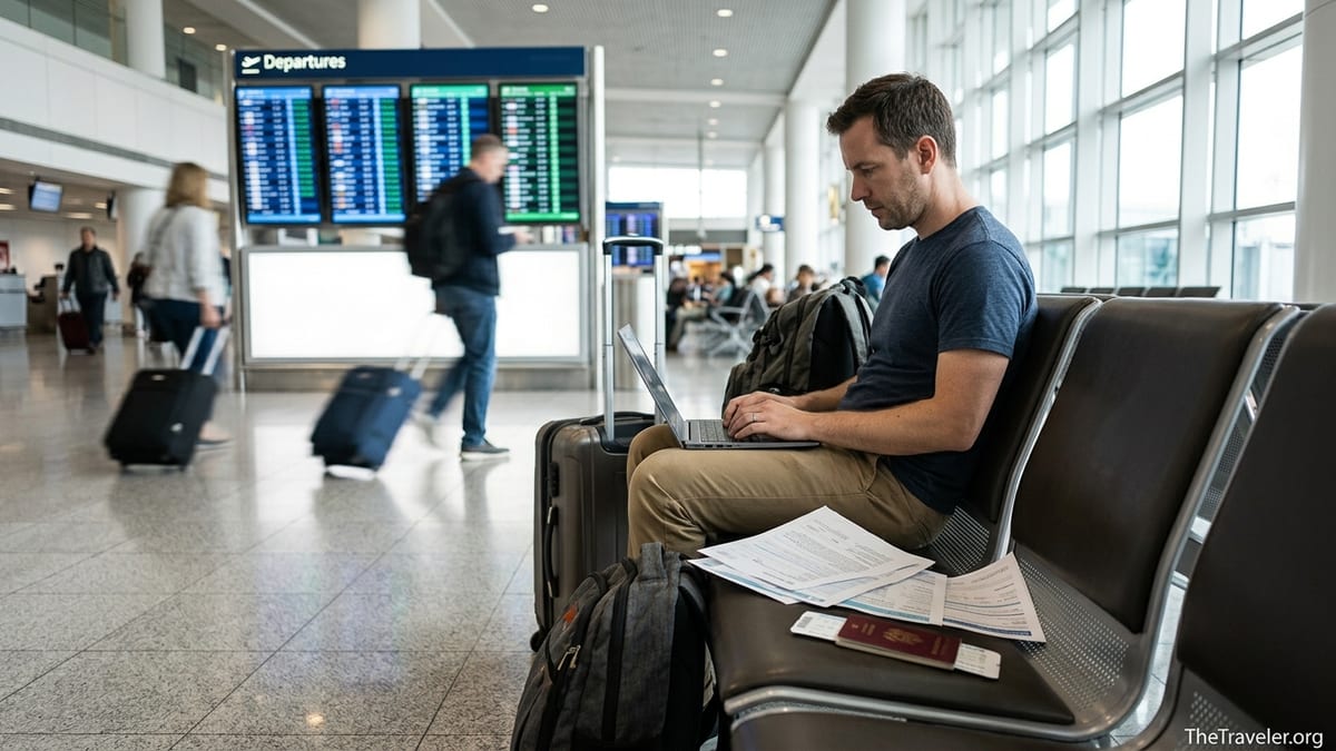 Traveler in an airport terminal comparing travel insurance documents on a laptop.