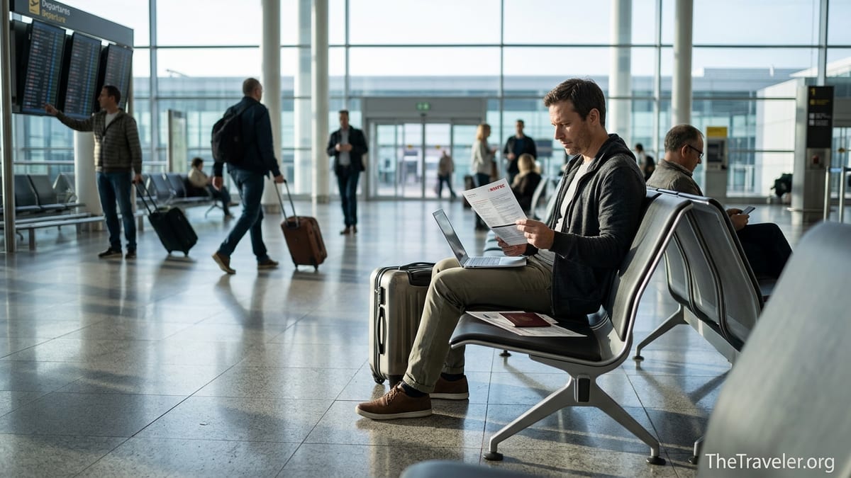 Frequent traveler reviewing insurance documents in a busy airport departure hall.