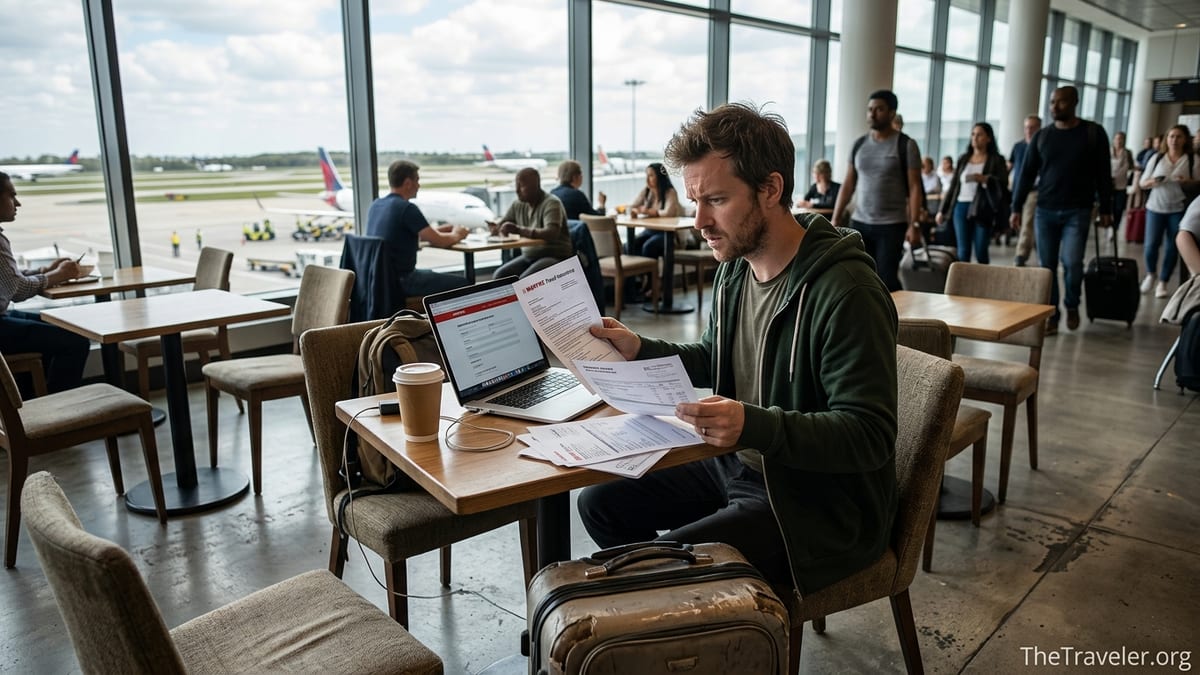 Worried traveler at an airport café reviewing Mapfre travel insurance papers and bills.