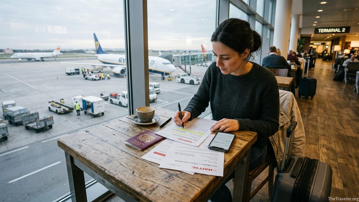 Traveler reviewing Mapfre travel insurance documents at an airport lounge table before departure.