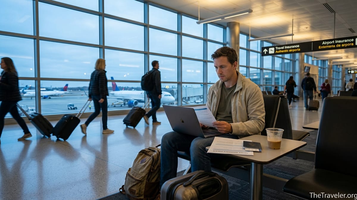 Traveler in an airport terminal reviewing travel insurance documents at dusk.