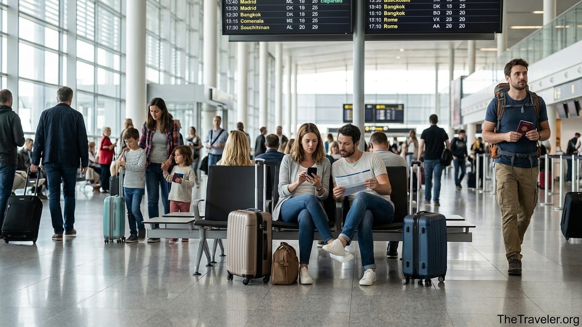 Travelers reviewing insurance documents at an airport gate before an international flight.