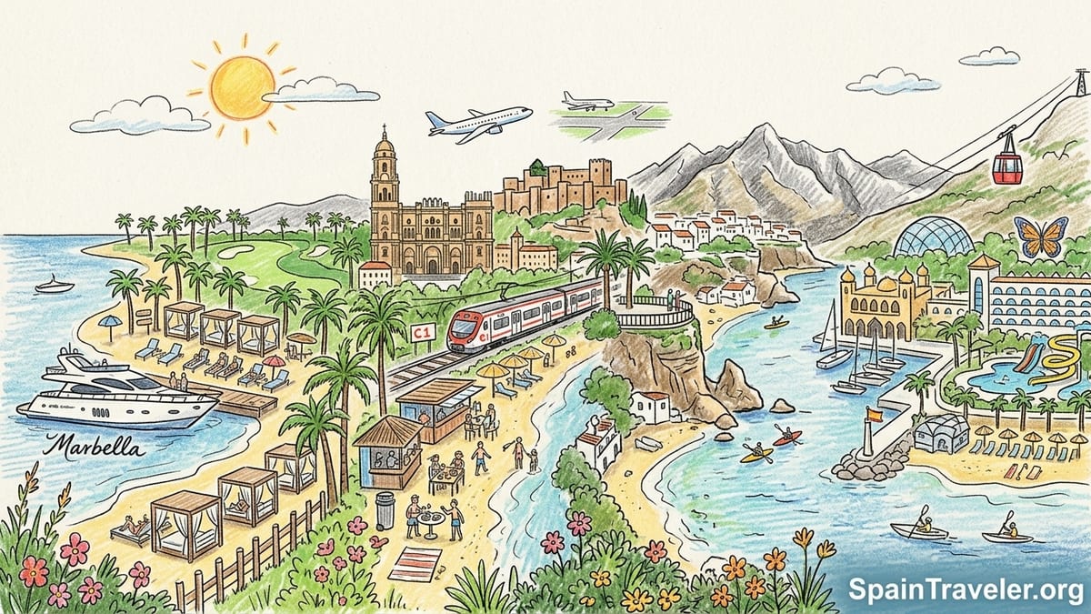 Aerial golden hour view of several Costa del Sol towns lining the Mediterranean shoreline with beaches and mountains.