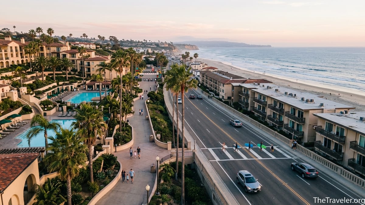 View of Carlsbad hillside resort near LEGOLAND and a coastal condo resort across from the beach at sunset.
