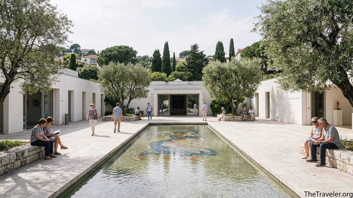 Courtyard and reflecting pool at the Marc Chagall National Museum in Nice on a sunny day.