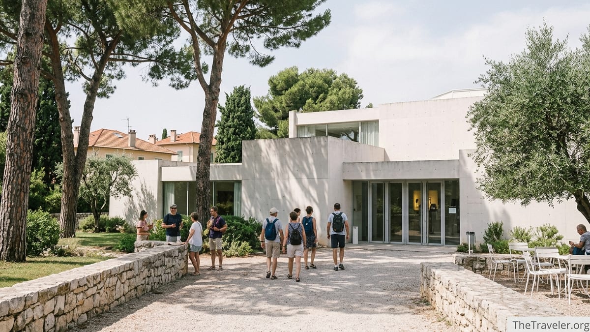 Entrance garden and façade of the Marc Chagall National Museum in Nice on a sunny day with visitors arriving.