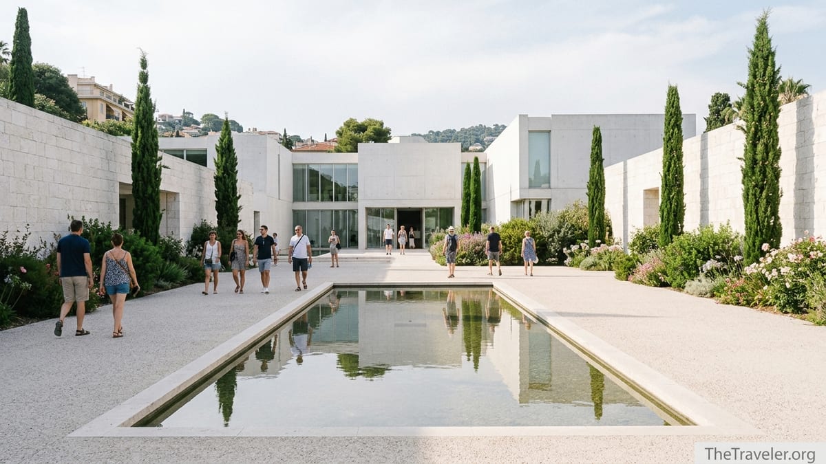 Courtyard of the Marc Chagall National Museum in Nice with visitors walking by a reflecting pool.