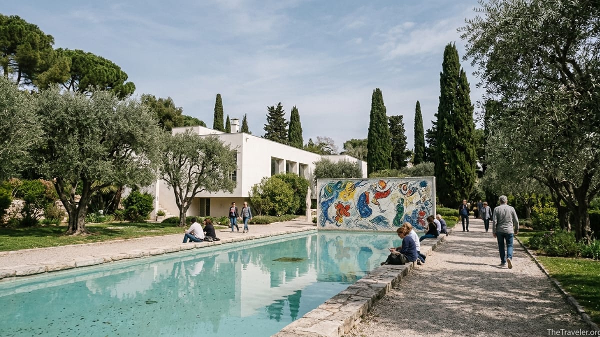 Garden and pool with mosaic wall at the Marc Chagall National Museum in Nice