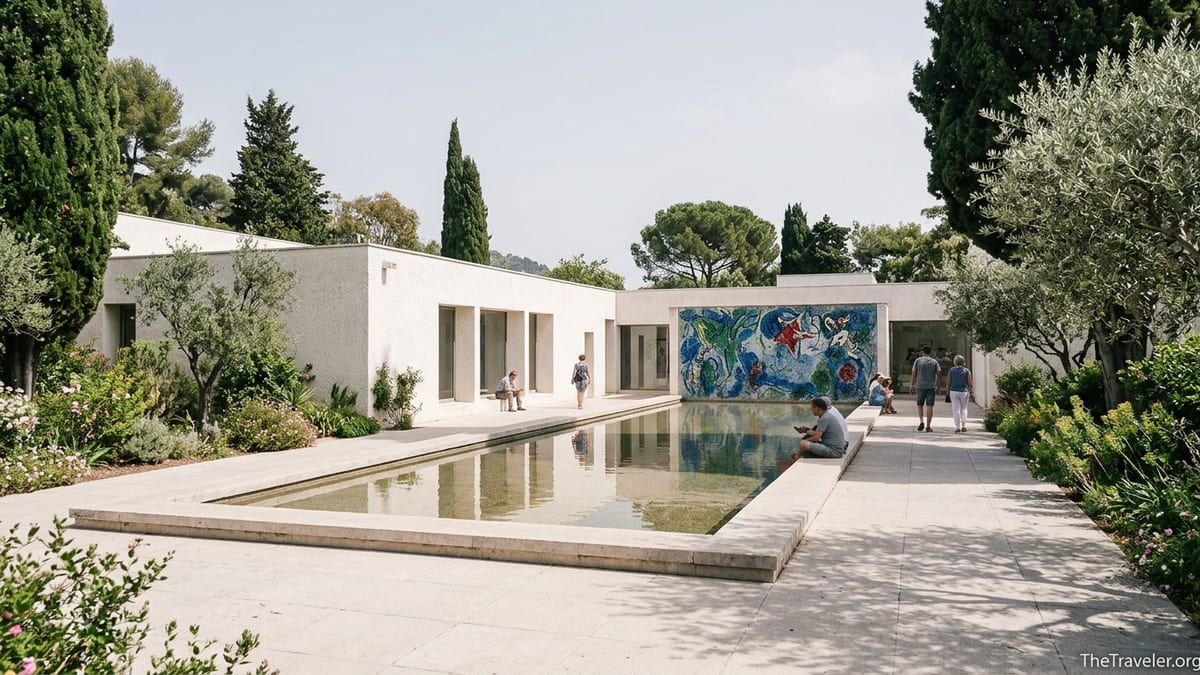 Courtyard and reflecting pool of the Marc Chagall National Museum in Nice on a sunny day.