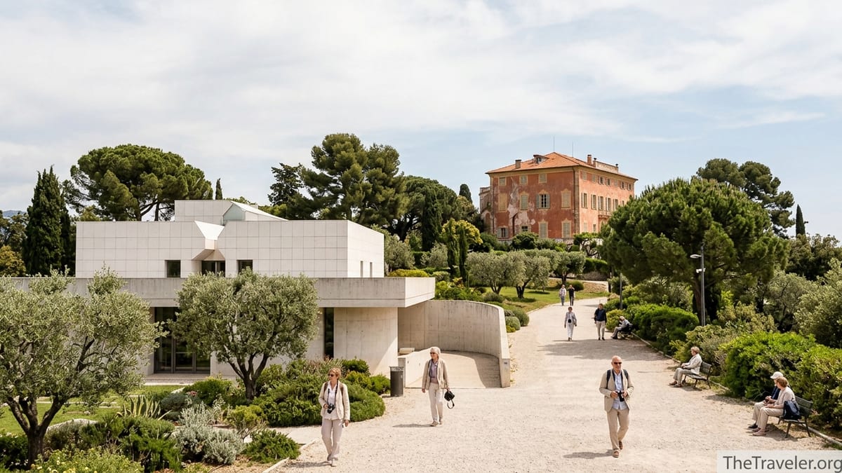 View of Nice’s Cimiez hill with Marc Chagall museum, Matisse Museum villa and olive trees under a bright spring sky.