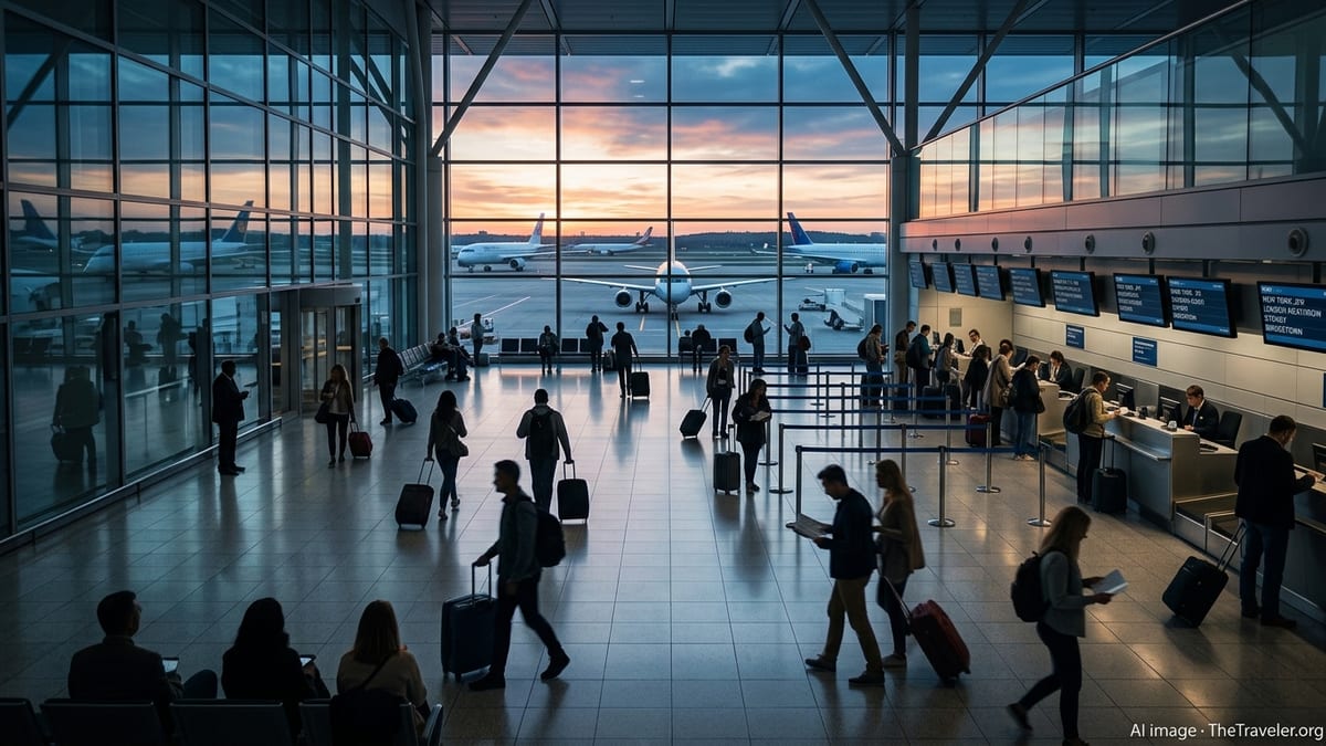 Travellers move through a bright international airport departures hall at sunrise.