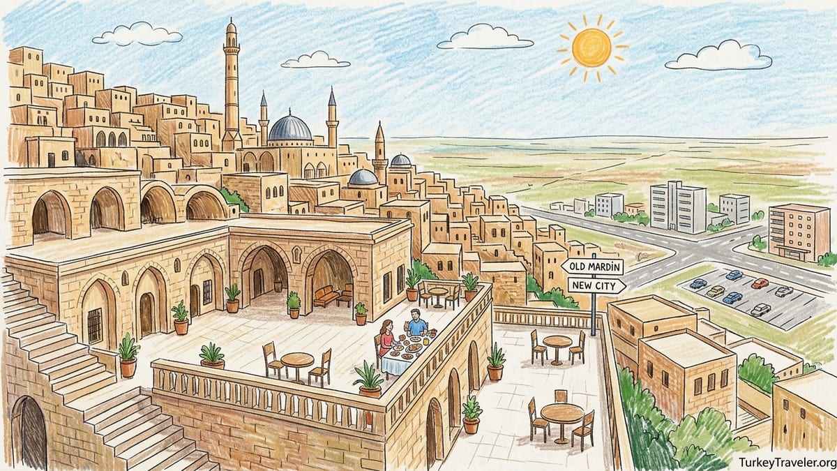 Sunrise terrace of a stone konak in Old Mardin overlooking the Mesopotamian plain.