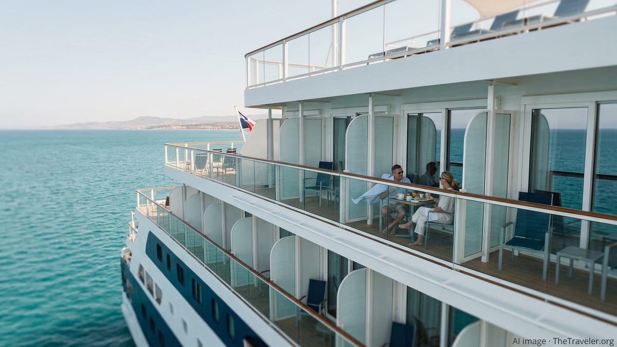 Balcony suites on a Marella cruise ship with guests relaxing above a calm Mediterranean sea.
