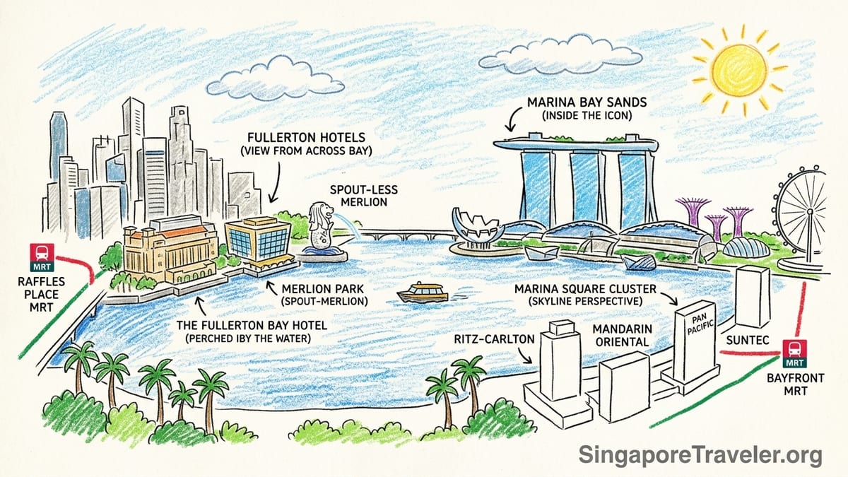 Evening aerial view of Singapore’s Marina Bay skyline with Marina Bay Sands and surrounding waterfront hotels.