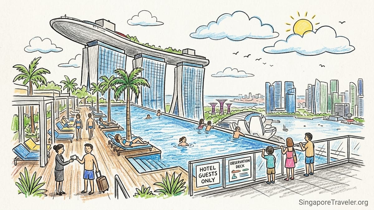 Marina Bay Sands infinity pool at sunrise with guests overlooking the Singapore skyline.