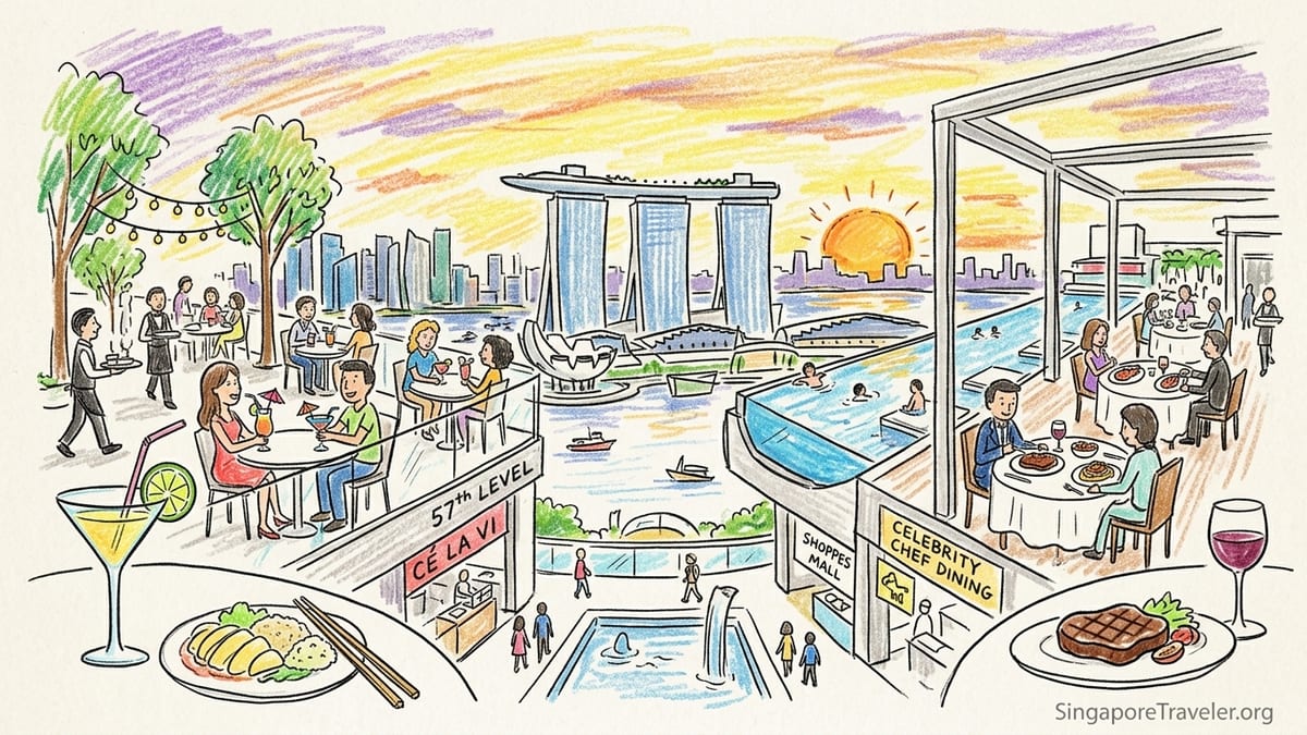 Rooftop diners at Marina Bay Sands overlooking Singapore’s skyline at twilight.