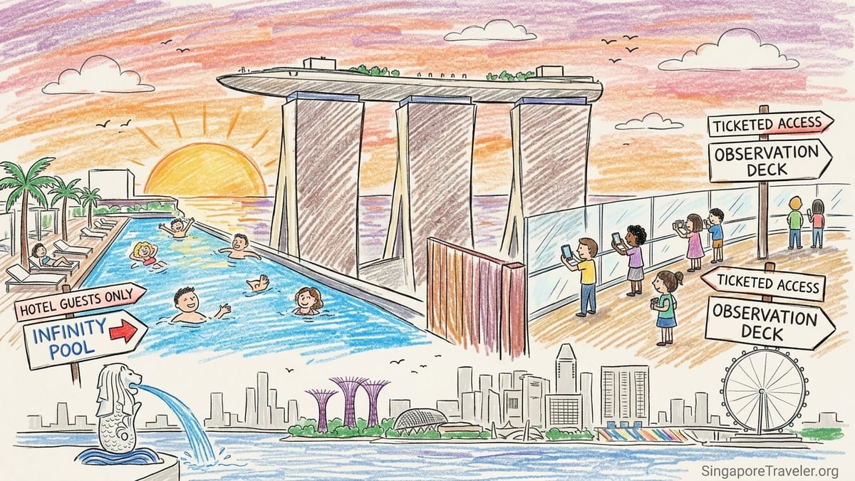 Visitors on Marina Bay Sands SkyPark Observation Deck overlooking Singapore skyline at sunset.
