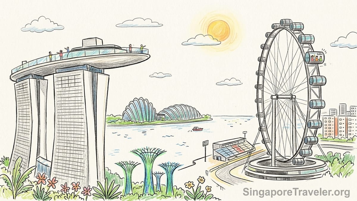 Marina Bay Sands SkyPark and Singapore Flyer facing each other across Marina Bay at dusk.