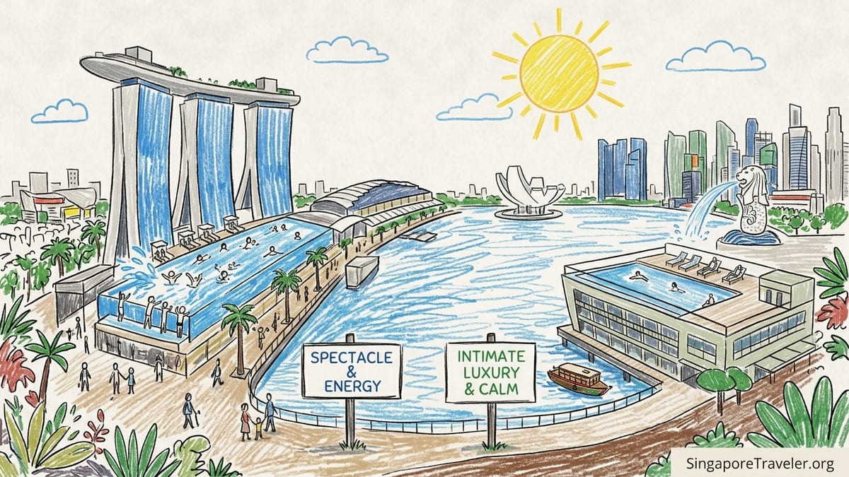 Evening view across Marina Bay from The Fullerton Bay Hotel toward Marina Bay Sands and Singapore skyline.