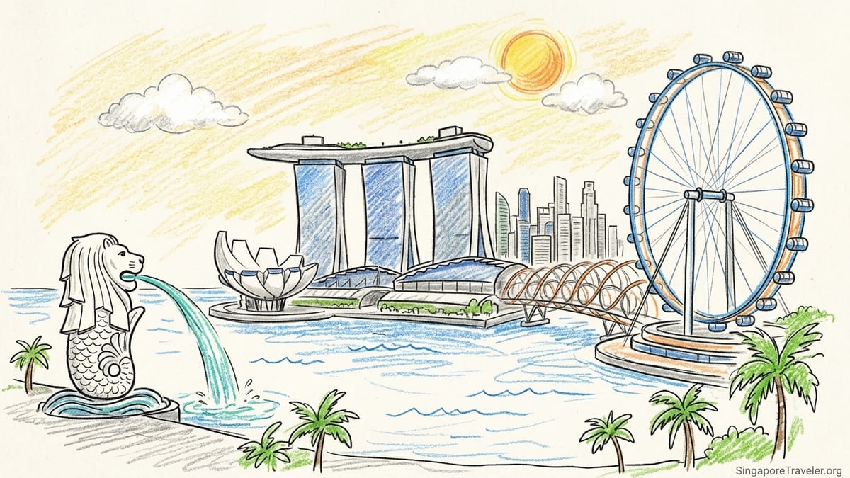 Evening view of Singapore’s Marina Bay skyline from the waterfront promenade with Marina Bay Sands and the Helix Bridge.
