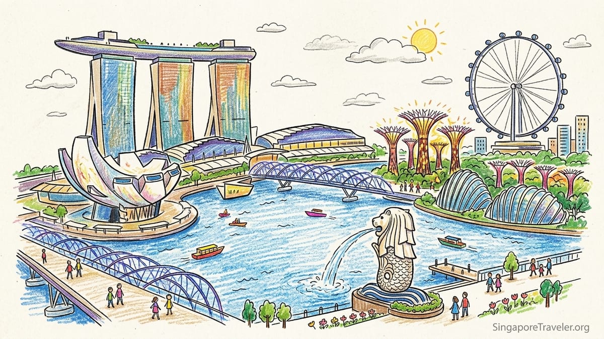 Evening view of Marina Bay Singapore with Marina Bay Sands, Supertrees and Singapore Flyer lit around the waterfront.