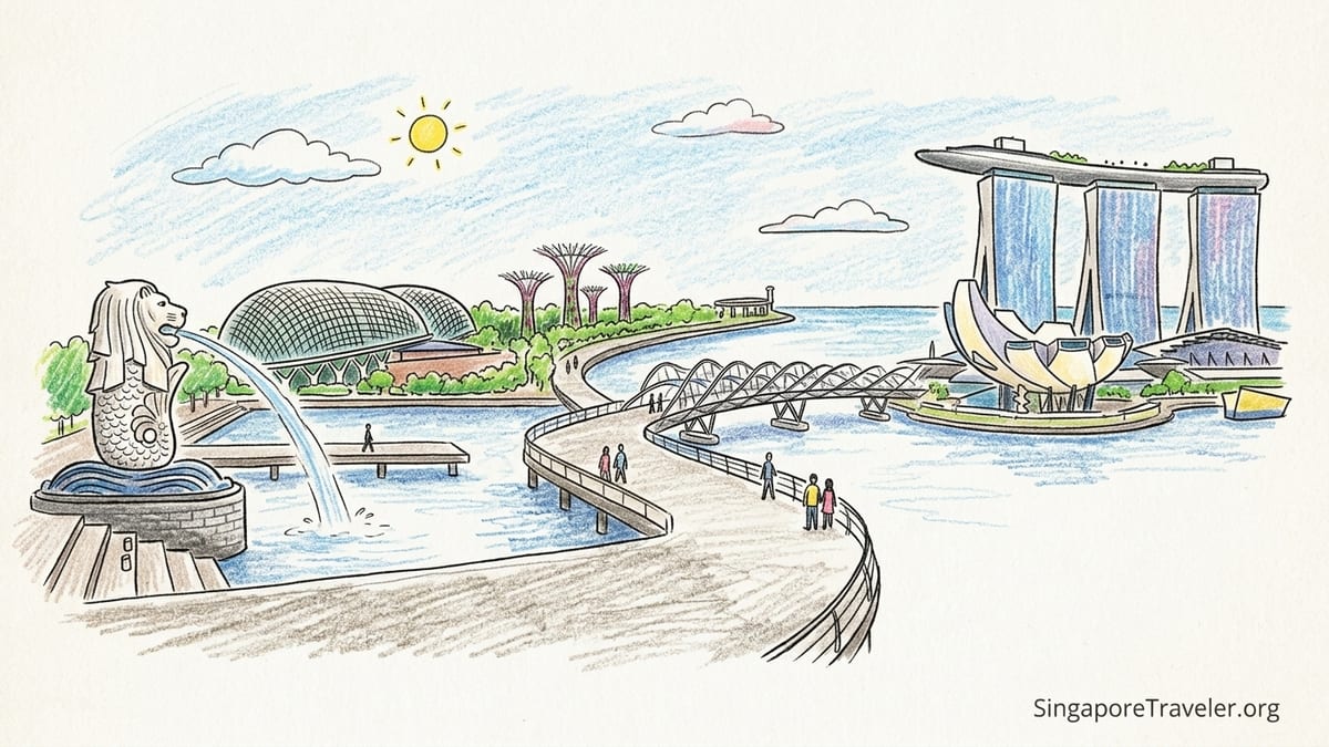 Marina Bay waterfront in Singapore with Marina Bay Sands, Helix Bridge and Supertrees at golden hour.