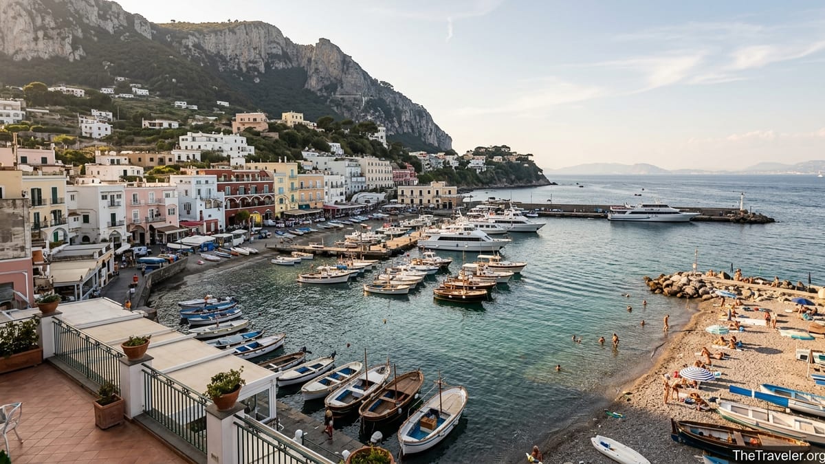 View over Marina Grande harbor in Capri with beach, boats, and pastel houses along the waterfront.