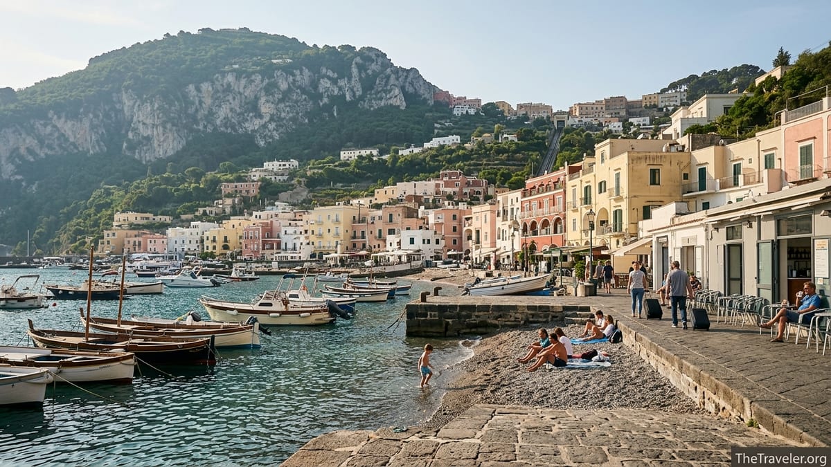Morning view of Marina Grande harbor in Capri with boats, beach and pastel houses beneath green hills.