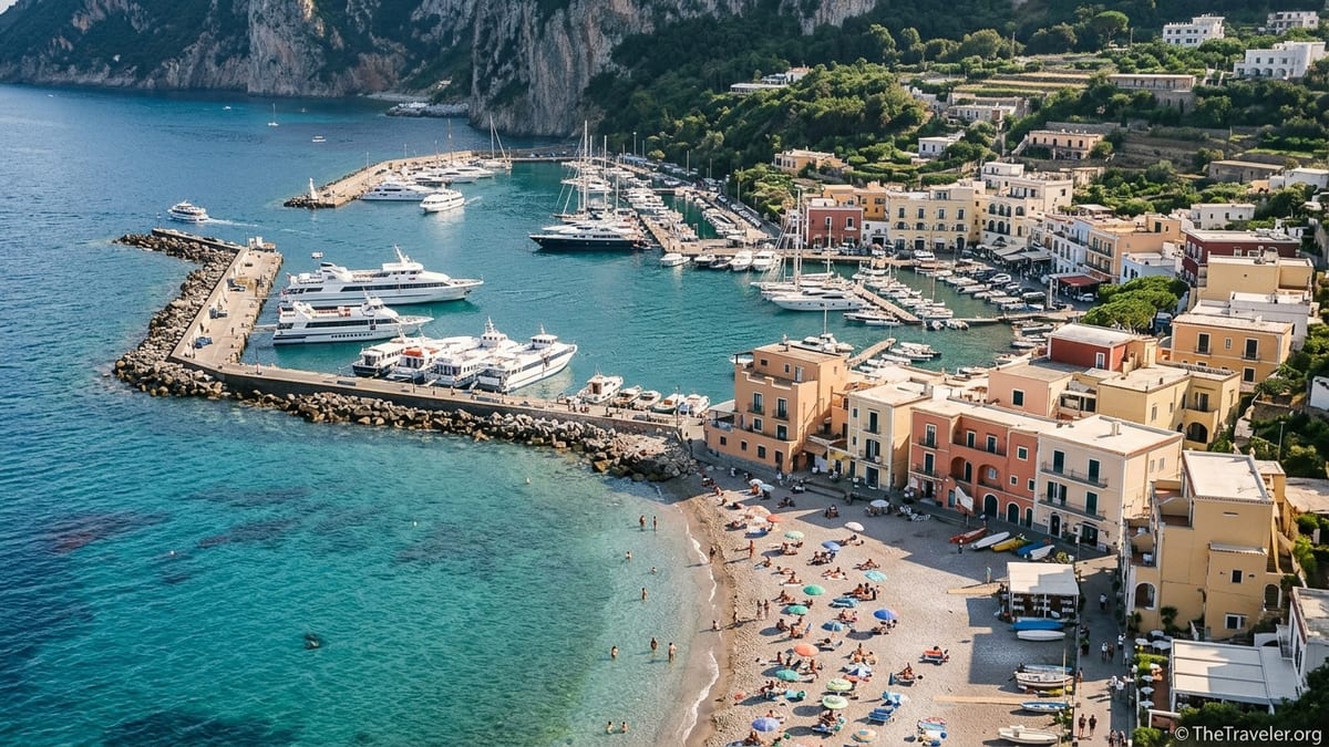 Aerial view of Marina Grande in Capri with harbor, beach and pastel waterfront houses.