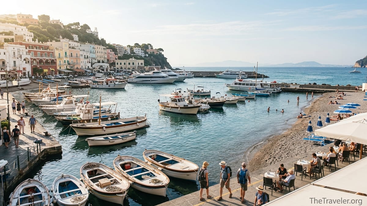 Morning view over Marina Grande in Capri with harbor, beach, boats, and pastel houses on the hillside.