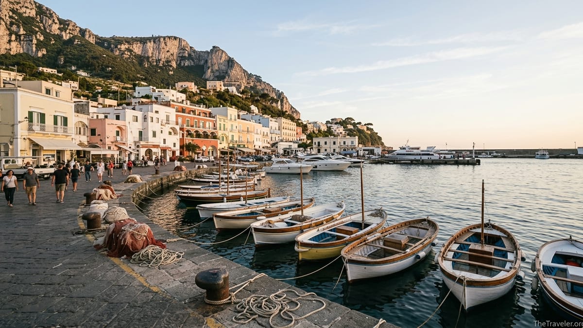 View of Marina Grande harbor in Capri with pastel houses, boats, and calm sea at golden hour.