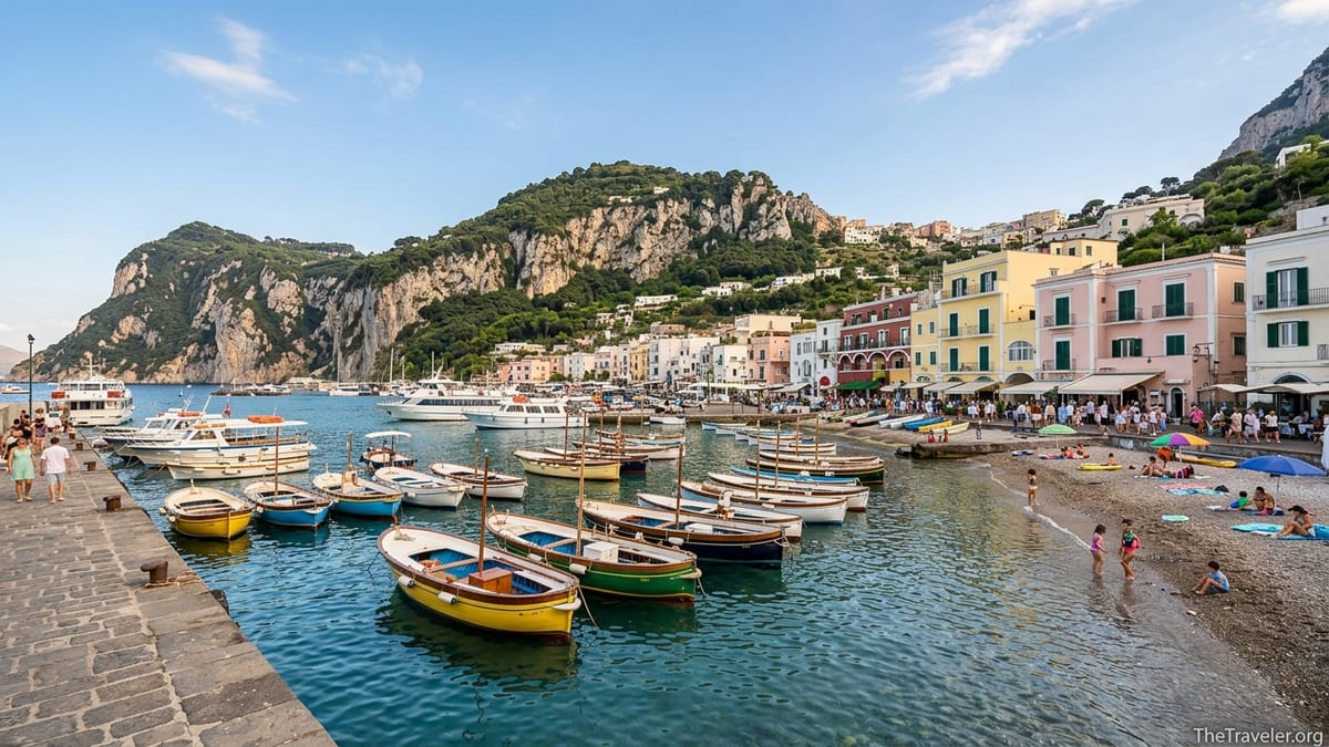 View of Marina Grande in Capri with boats, pastel houses and cliffs around the harbor.