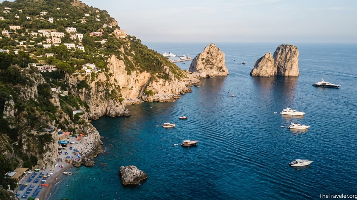 Aerial view of Capri’s Marina Piccola cove with Faraglioni rocks and yachts at sunset.