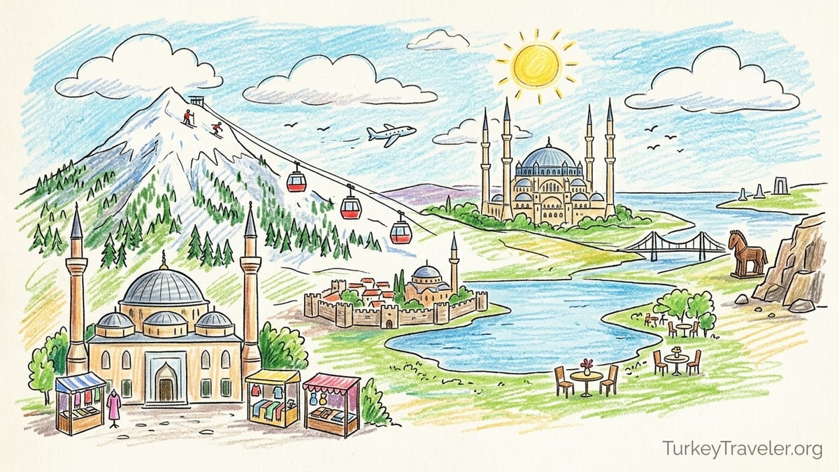 View over Bursa’s historic rooftops toward snow-dusted Uludağ at golden hour.